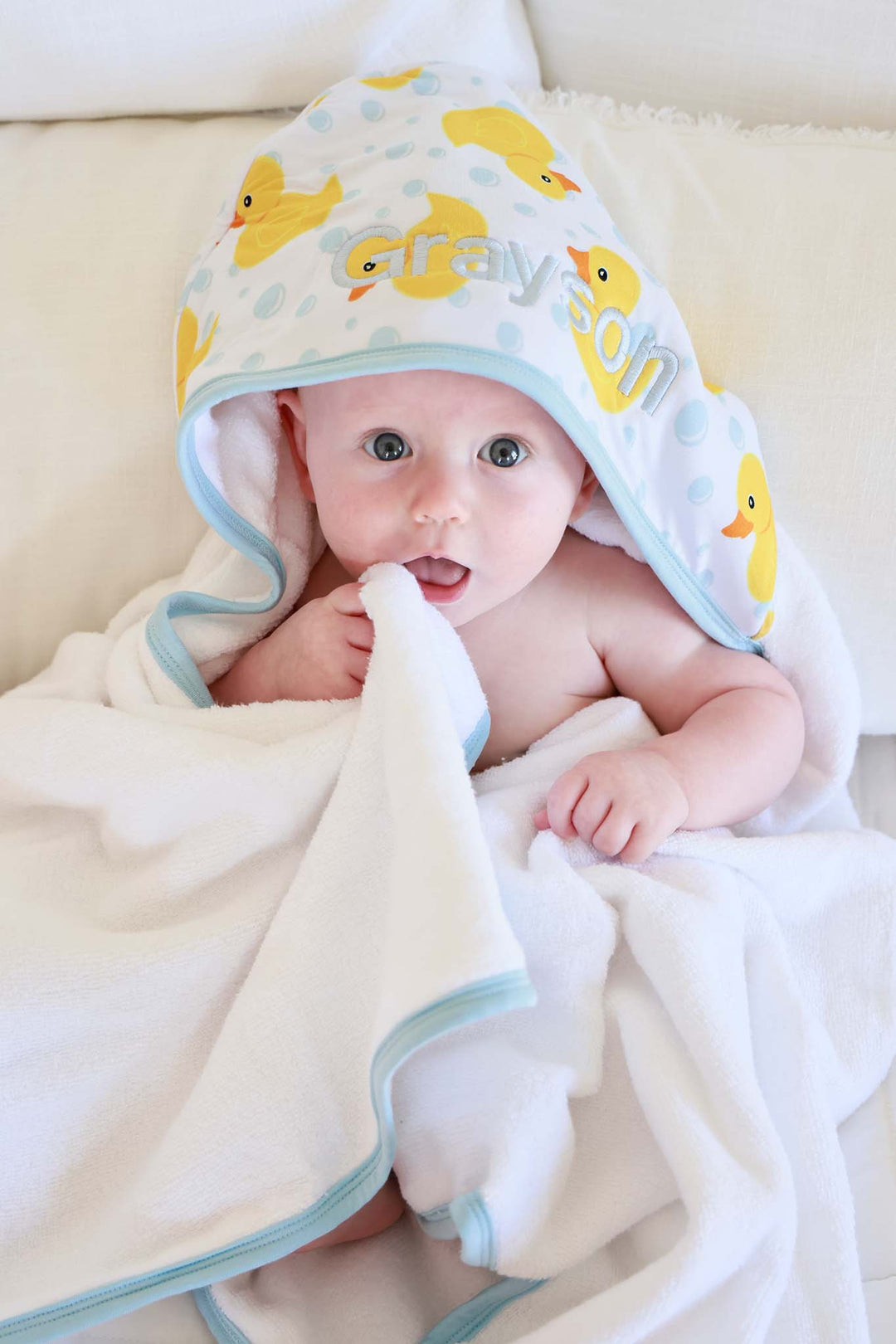 embroidered rubber duck hooded towel