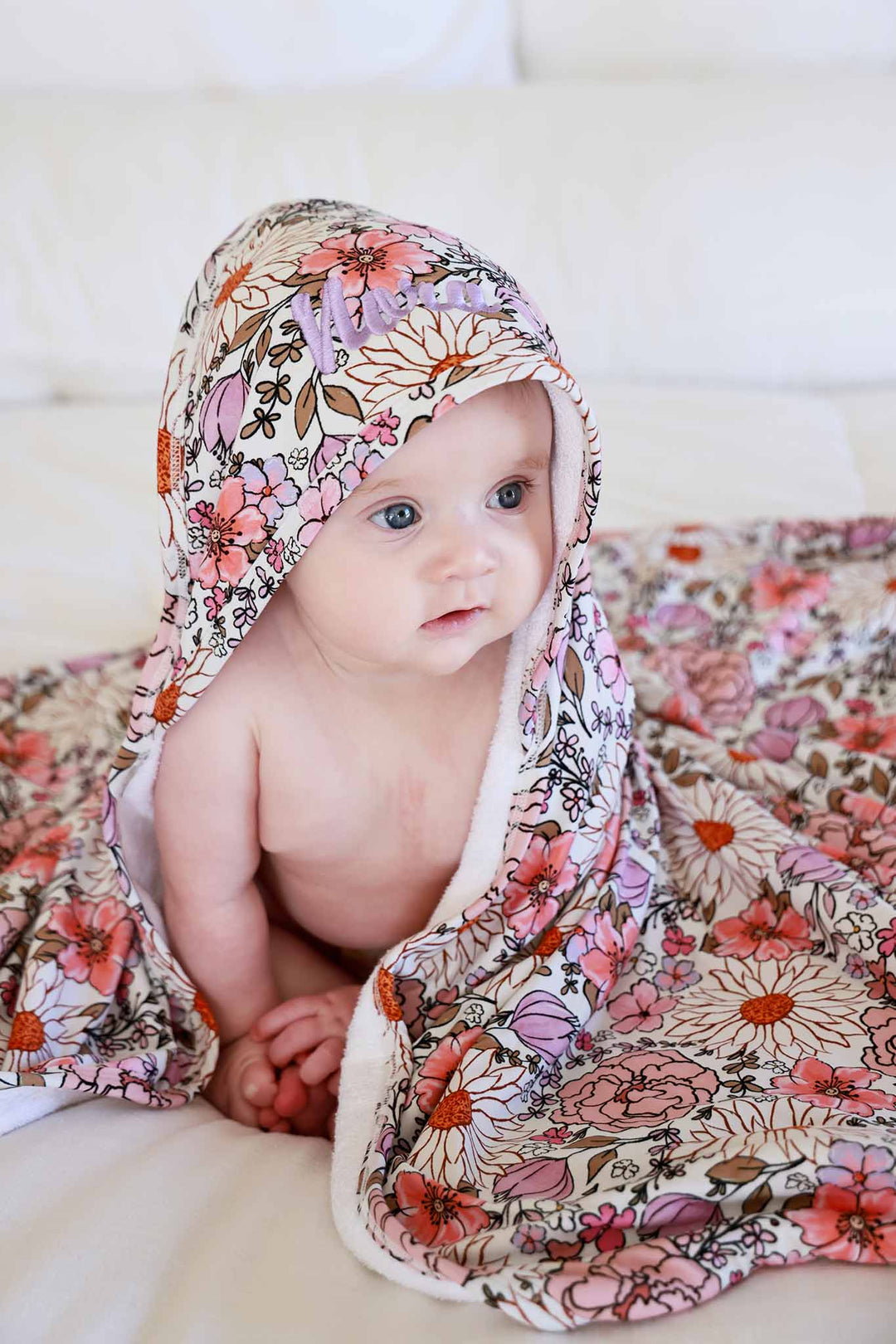 purple floral embroidered hooded towel for babies