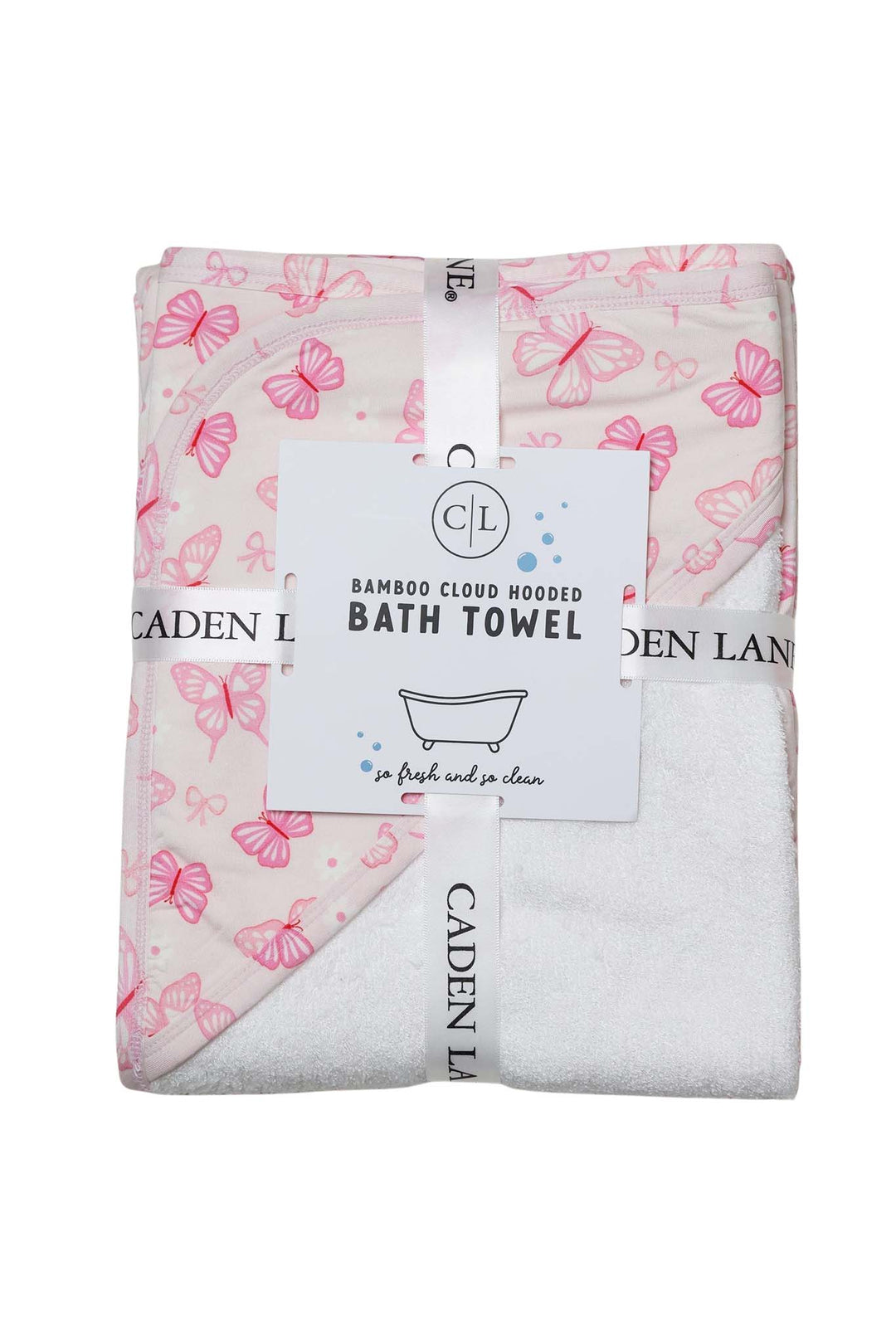 Embroidered Bamboo Hooded Towel in Blooming Butterflies print - towel neatly folded and packaged with the Caden Lane "Bamboo Cloud Hooded Bath Towel" hang tag