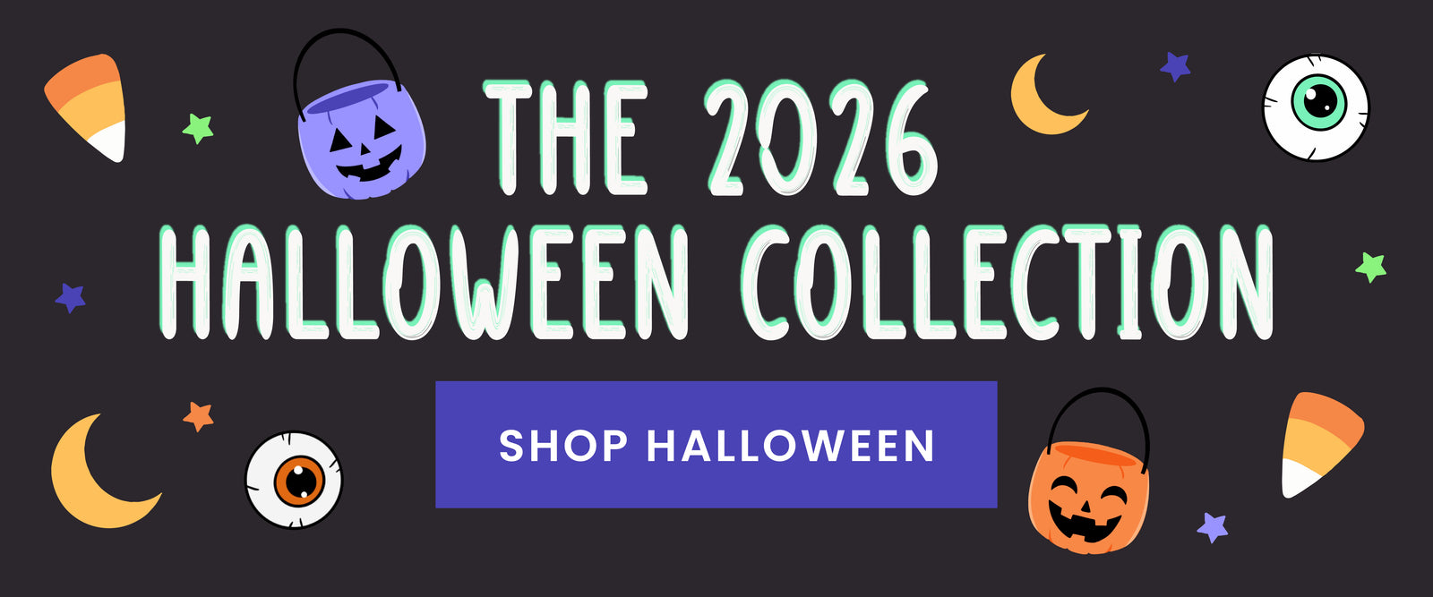 A promotional Caden Lane banner for 'The 2026 Halloween Collection' on a dark background, featuring cartoon-style Halloween icons including a witch's hat, candy corn, an eye patch, a jack-o'-lantern, a ghost, and a purple 'Shop Halloween' button.