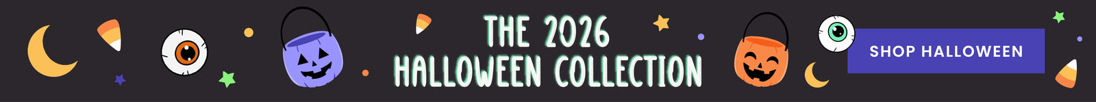 A promotional Caden Lane banner for 'The 2026 Halloween Collection' on a dark background, featuring cartoon-style Halloween icons including a witch's hat, candy corn, an eye patch, a jack-o'-lantern, a ghost, and a purple 'Shop Halloween' button.