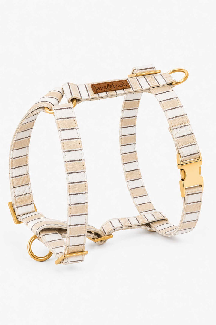 Strap dog harness in Biscuit Stripe pattern with tan and white vertical stripes, H-style design with gold-tone buckles and D-rings and a branded leather tag