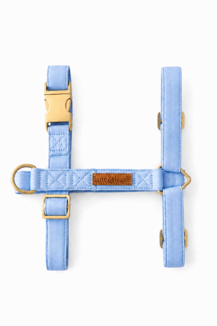 Flat lay of Caden Lane denim days light blue strap dog harness showing H-style design with adjustable straps and gold hardware