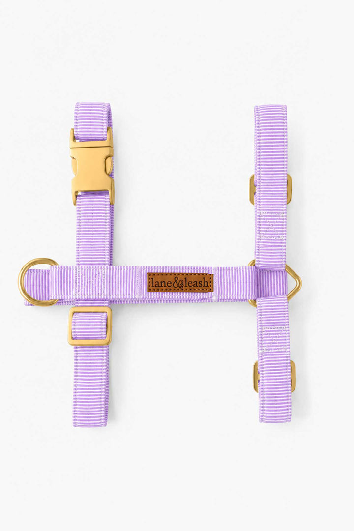 Flat lay of the lavender strap dog harness spread in an H-shape, showing all adjustable straps, gold hardware buckles, and Lane and Leash leather label