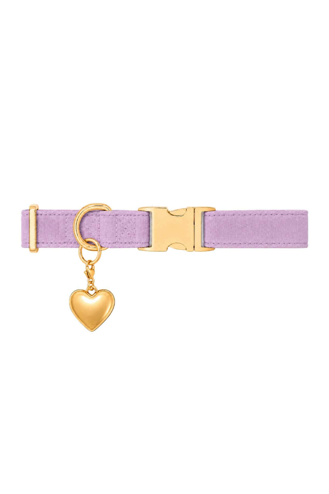 Lavender purple pet collar with a gold heart charm attached, shown on white background