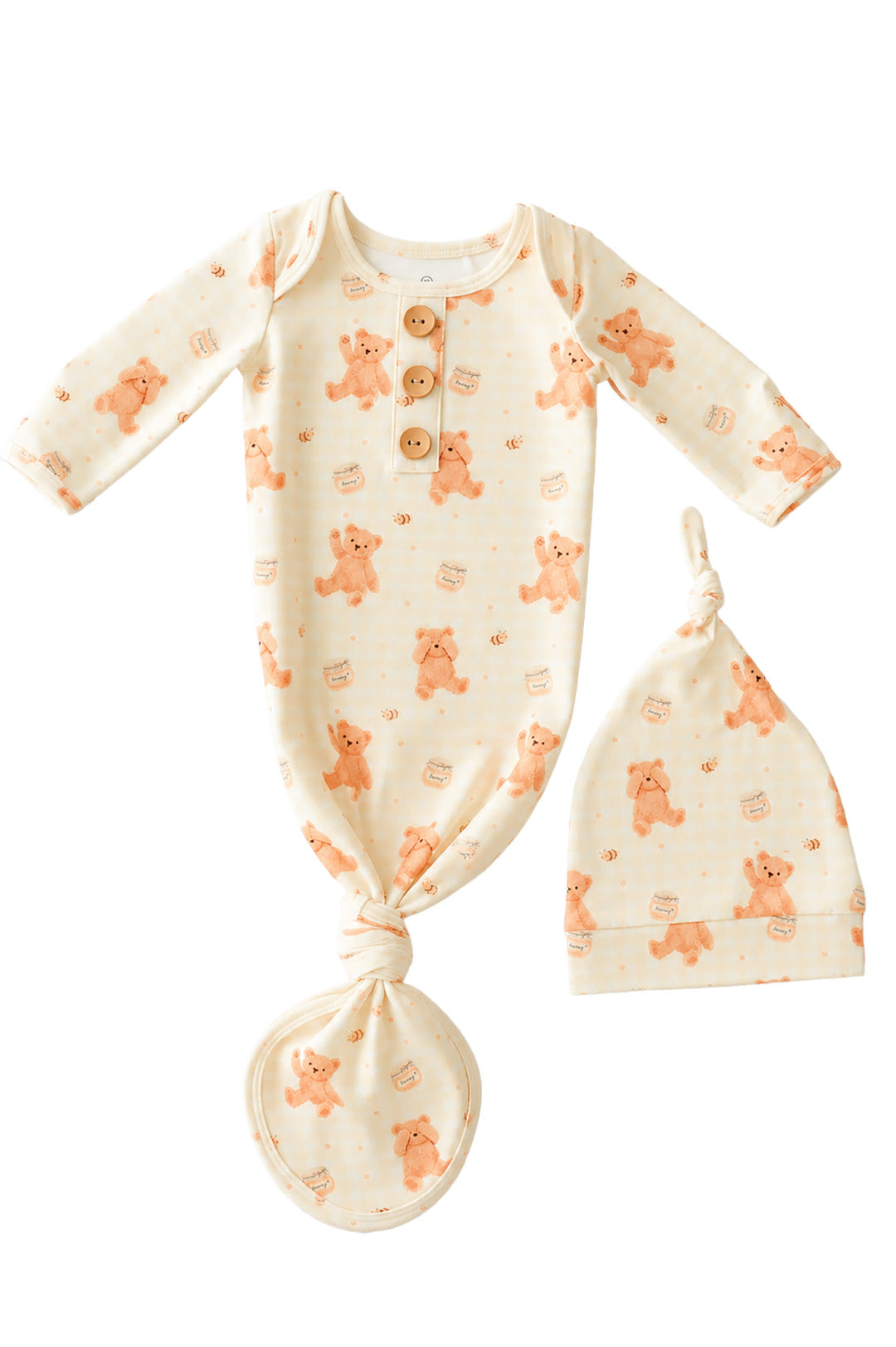 Caden Lane honey bear print knotted gown and matching sleeper cap