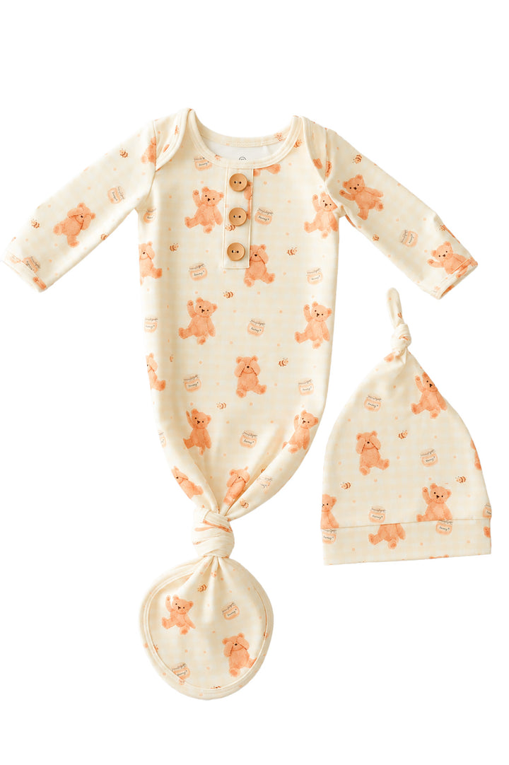 Caden Lane honey bear print knotted gown and matching sleeper cap