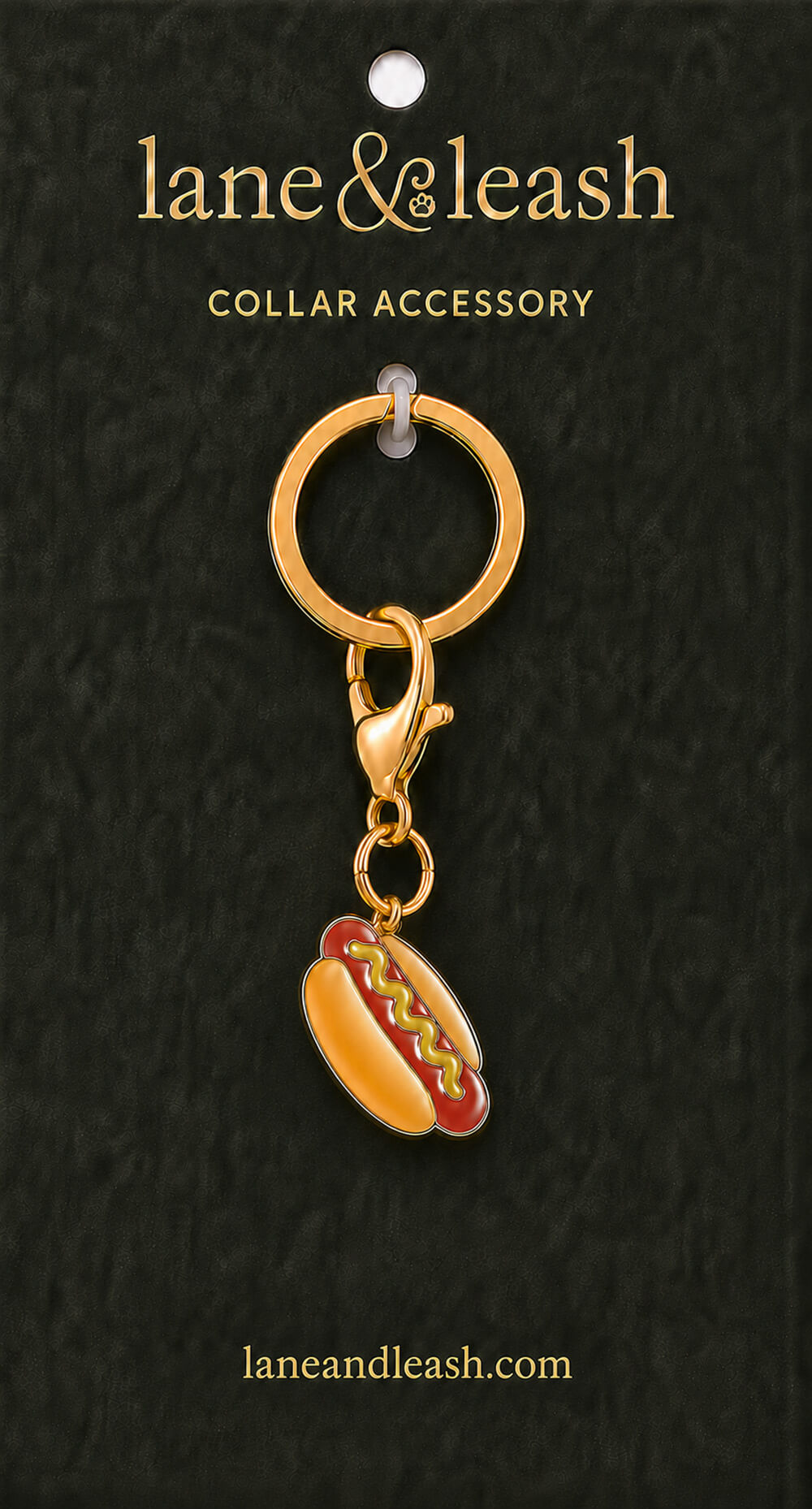 Hot dog Lane & Leash collar accessory charm displayed on dark green packaging card with lobster claw clasp and jump ring