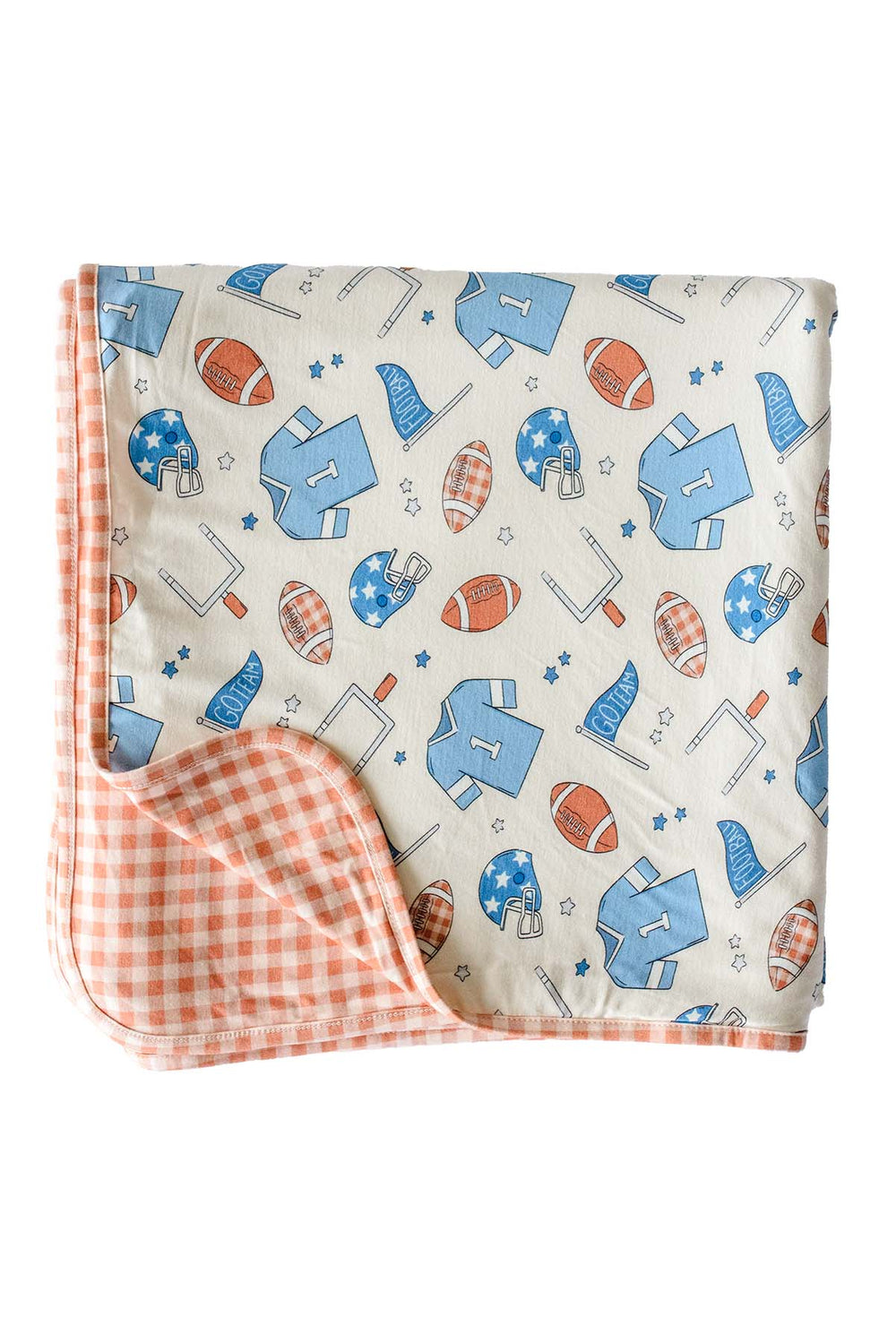Caden Lane 'Huddles and Cuddles' blue football-print bamboo blanket with gingham trim 