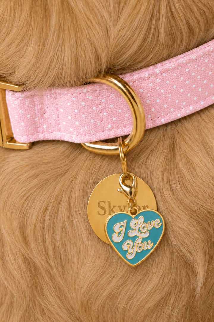 sweet pea spots collar with circle id tag and i love you heart charm