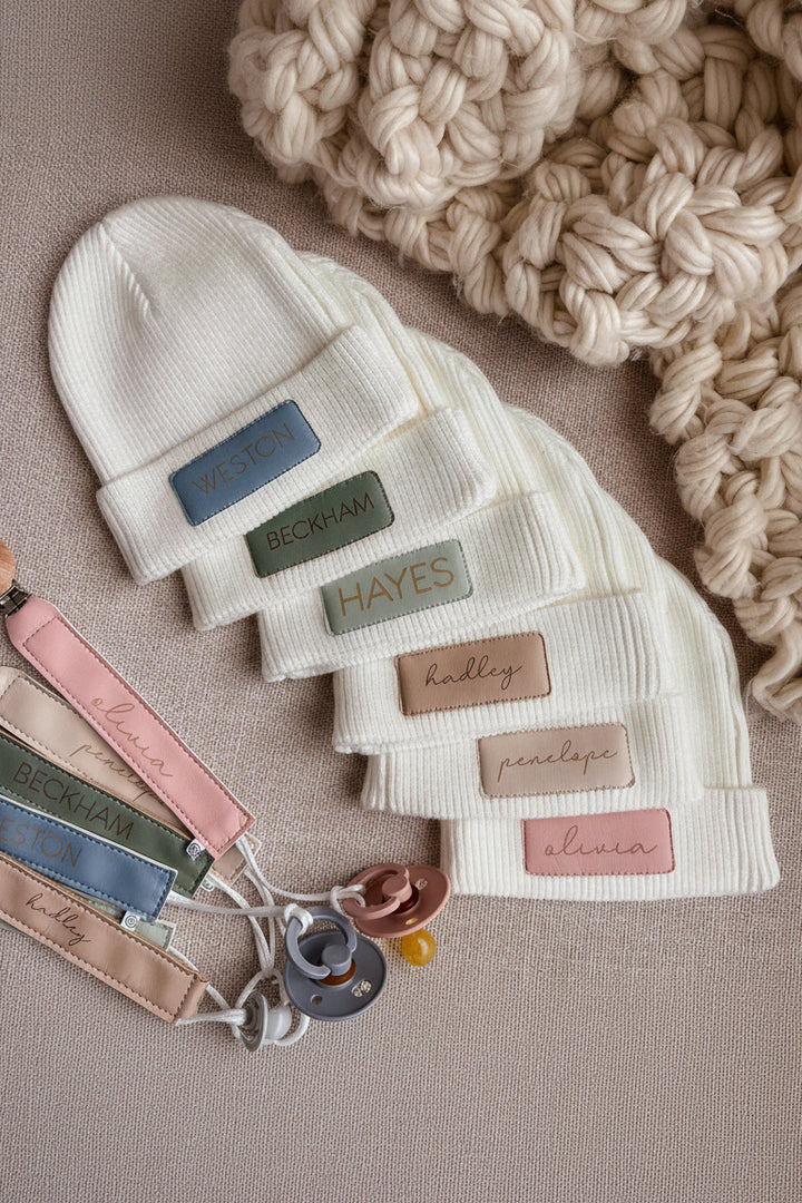 personalized white leather patch beanie for babies