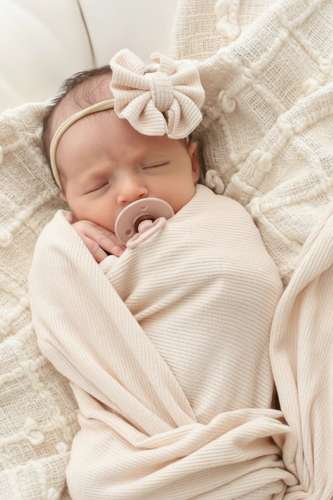 oatmeal bamboo waffle swaddle and knit bow headband 