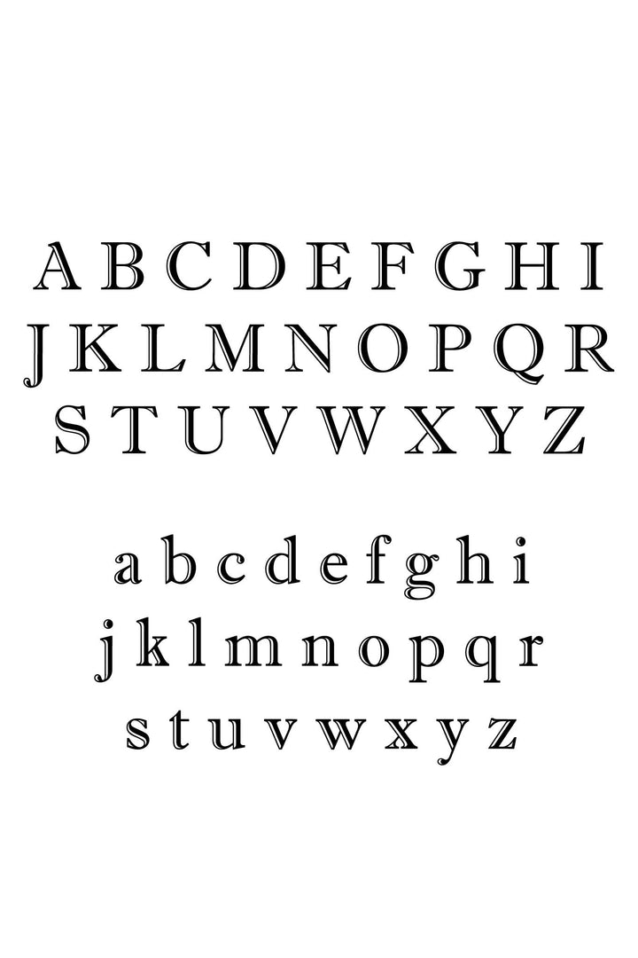 Font preview showing Imprint MT Shadow alphabet in uppercase and lowercase letters for personalization reference