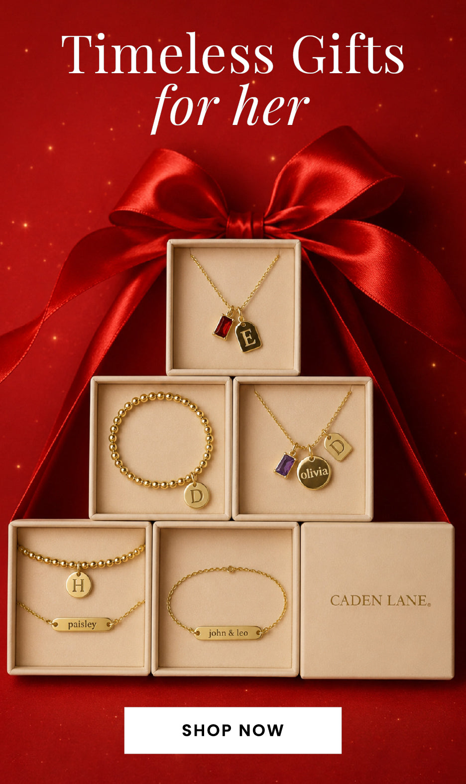 Caden lane personalized Christmas wrapped jewelry. Variations of jewelry in boxes
