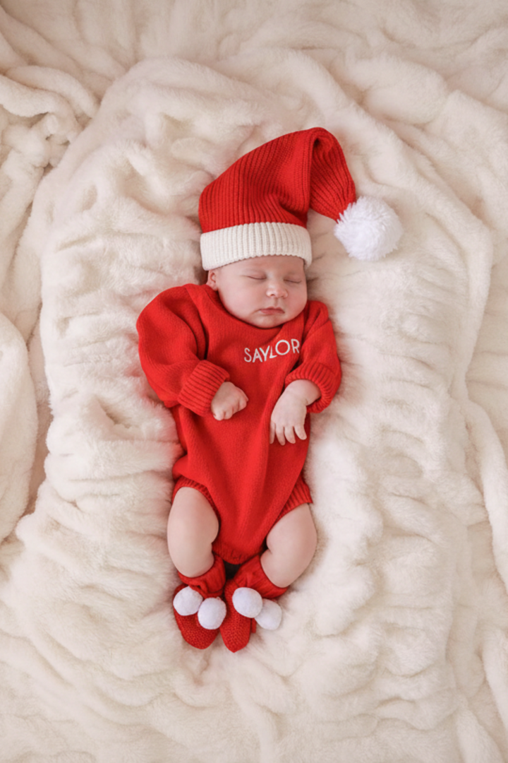 Sleeping baby wearing Caden Lane red personalized knit romper with matching Santa-style pom-pom hat and knit booties