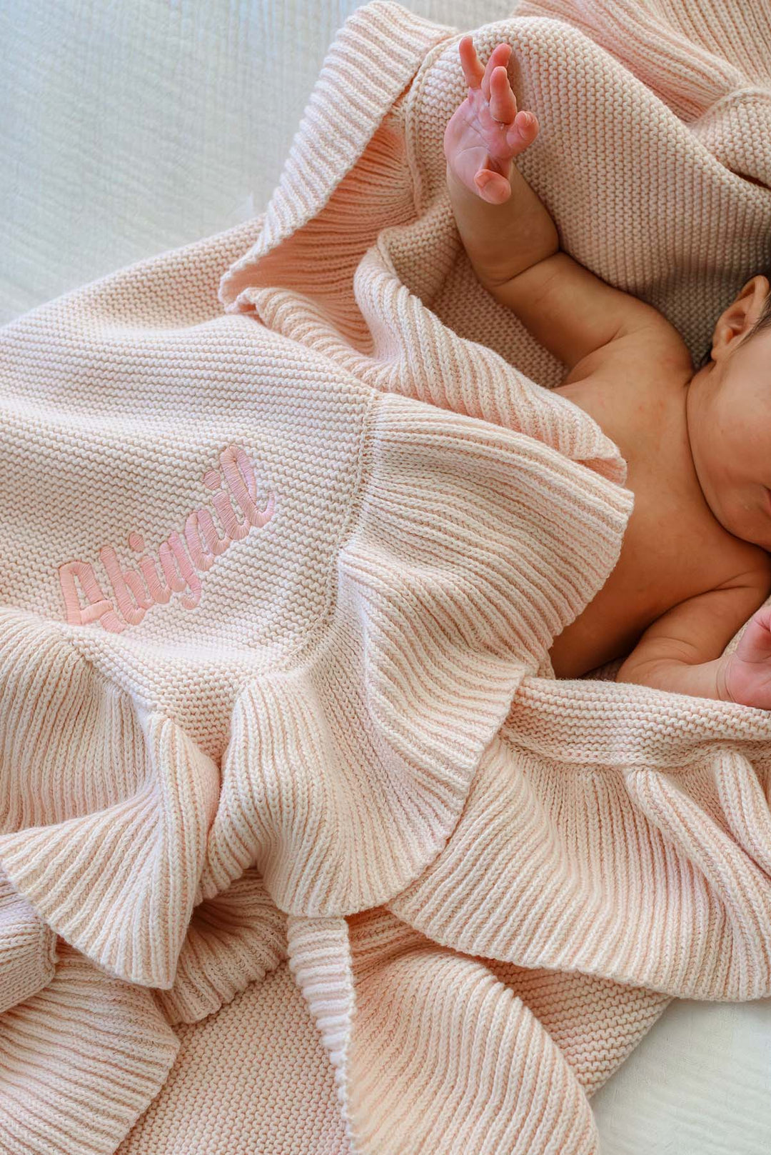 Embroidered Knit Blanket With Ruffle | Tea Rose