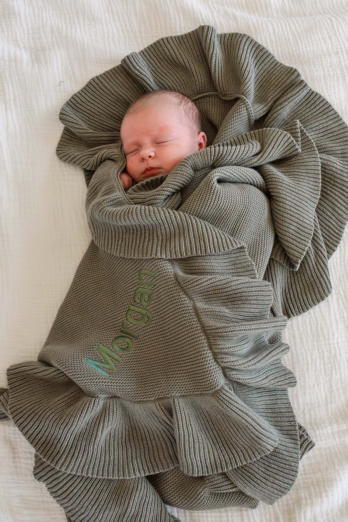 Embroidered Knit Blanket With Ruffle | Smoke