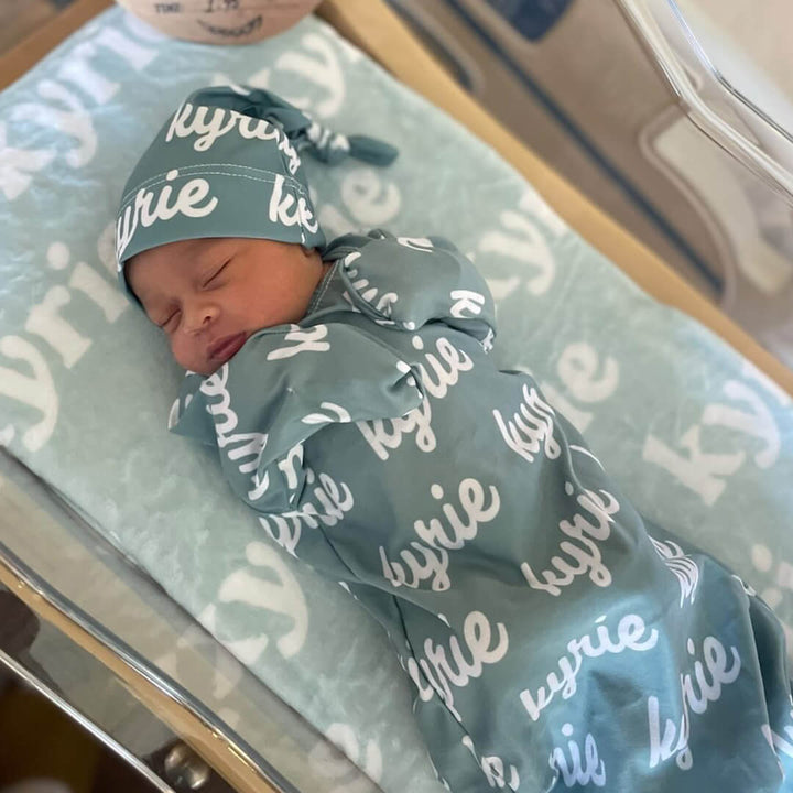 light blue personalized newborn knot gown