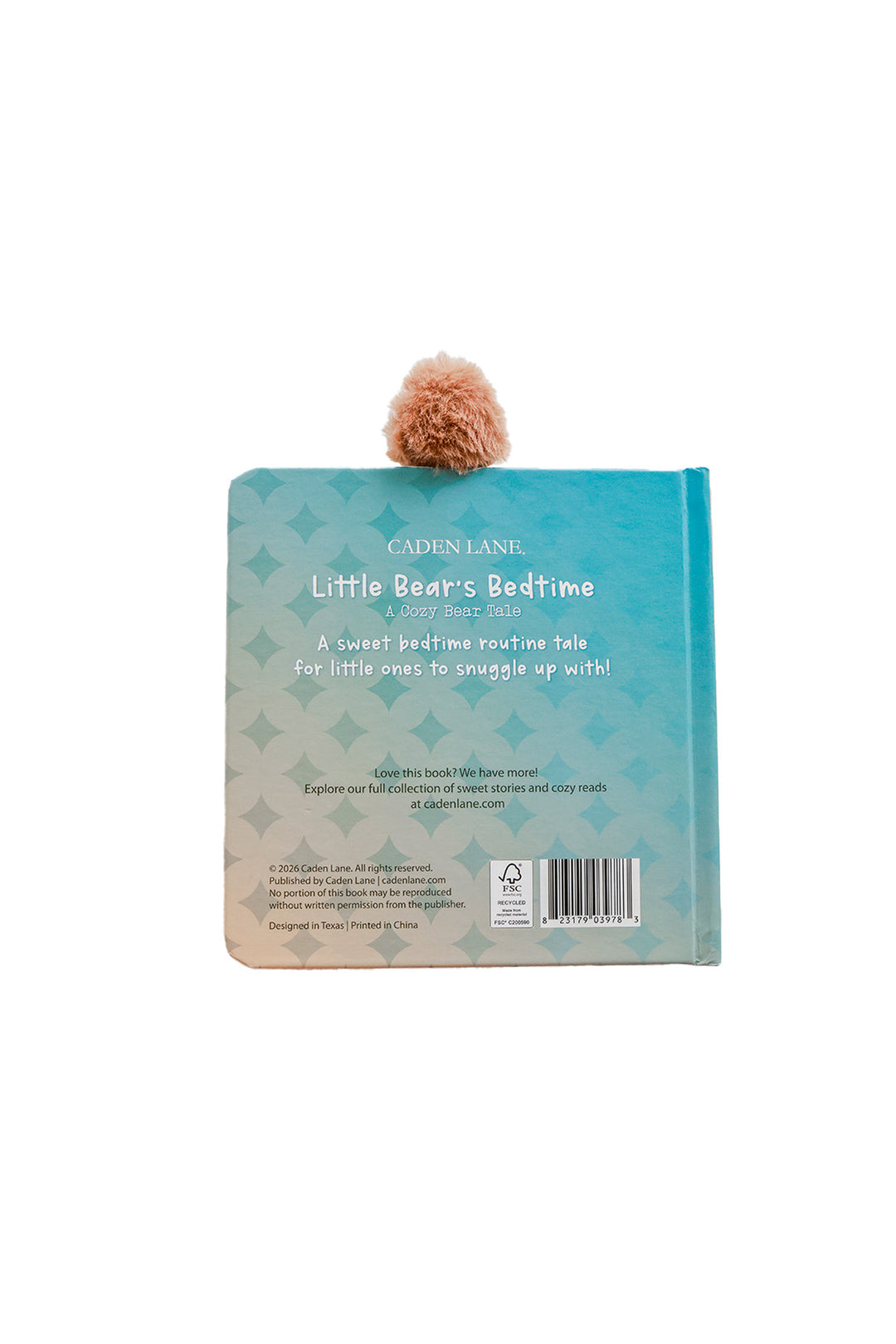 Little Bear's Bedtime Cuddle Plush Friends Story Book Brody Bear back cover on white background showing book description with 3D plush bear tail