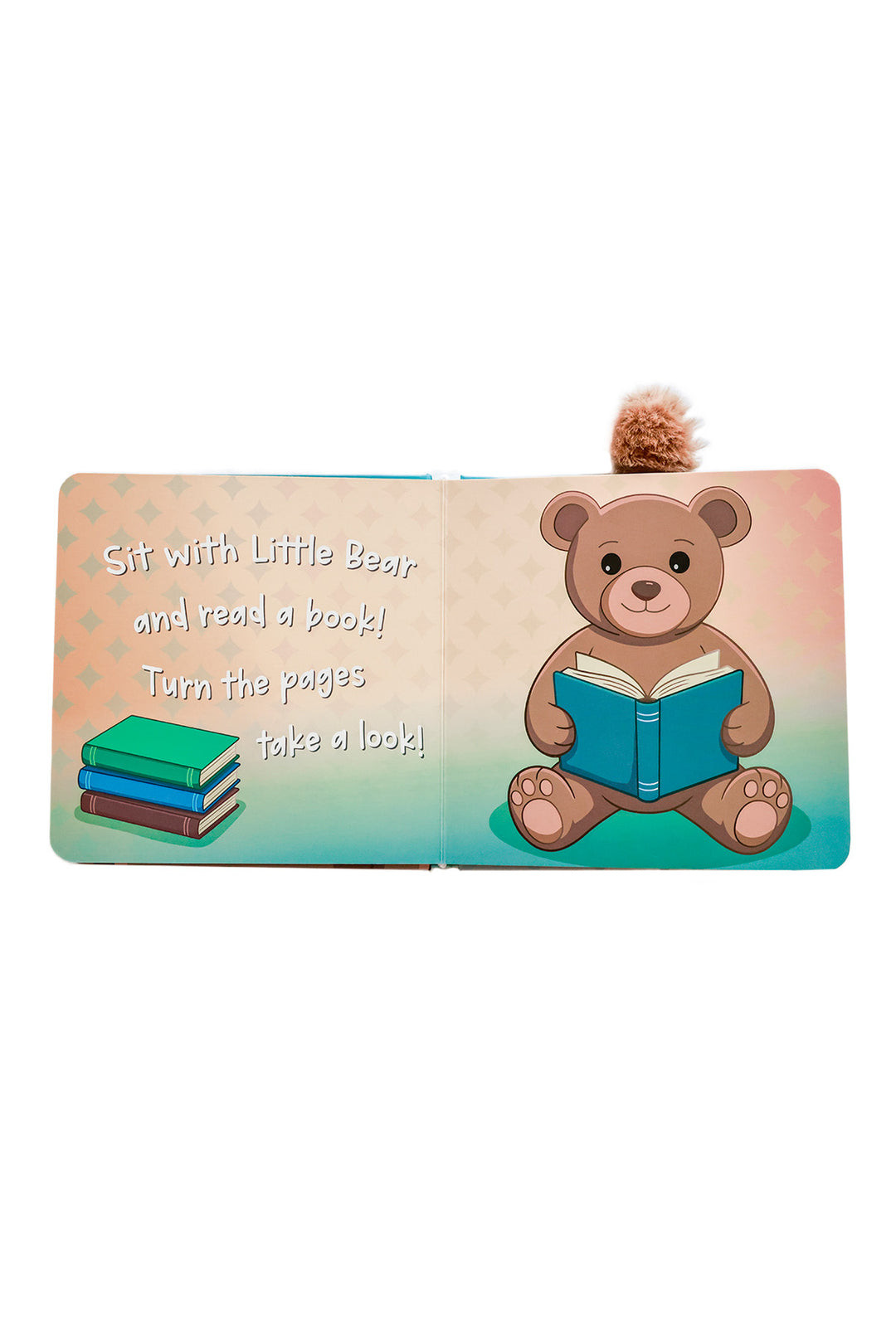 Little Bear's Bedtime Cuddle Plush Friends Story Book open to inside pages with bear character illustration and 3D plush tail