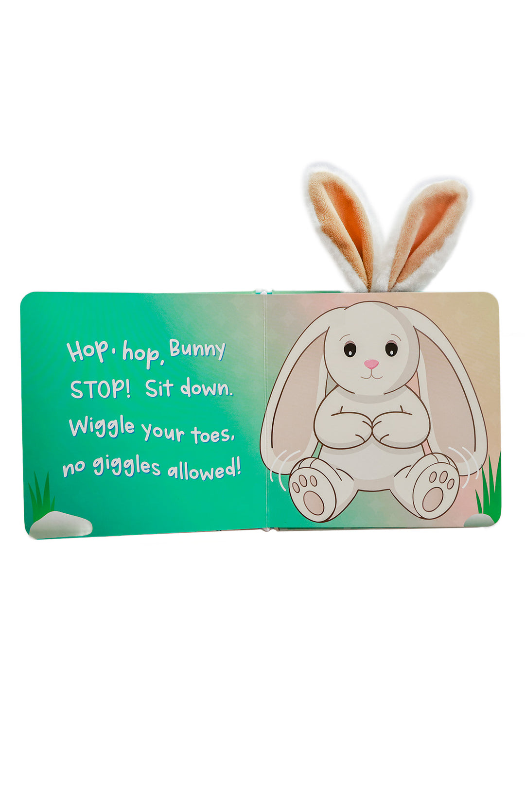 Hop HOP Bunny Cuddle Plush Friends Story Book open pages showing sitting bunny character with text about hopping and wiggling toes
