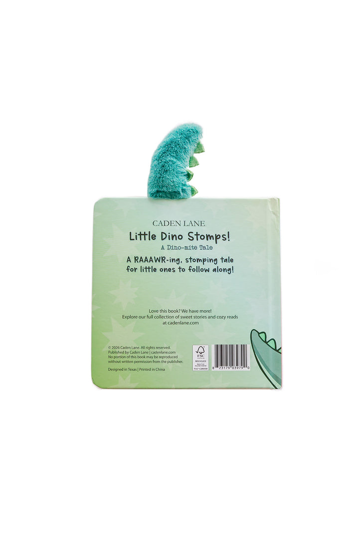 Little Dino Stomps Cuddle Plush Friends Story Book back cover on white background showing book description with 3D plush dino tail