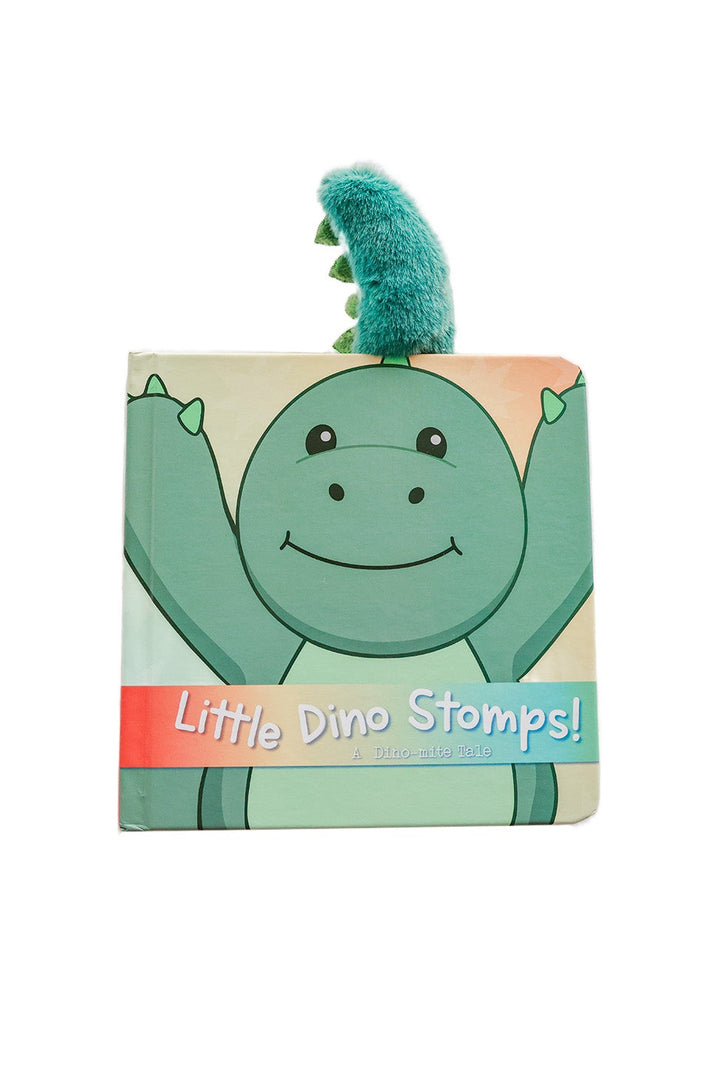 Little Dino Stomps Cuddle Plush Friends Story Book front cover on white background featuring a green dinosaur character with 3D plush tail