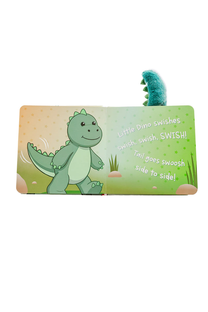 Little Dino Stomps Cuddle Plush Friends Story Book open to inside pages showing dinosaur character with text about swishing tail