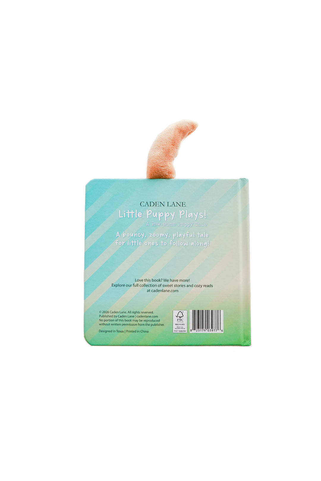 Little Puppy Plays Cuddle Plush Friends Story Book Parker Puppy back cover on white background showing book description with 3D plush puppy tail
