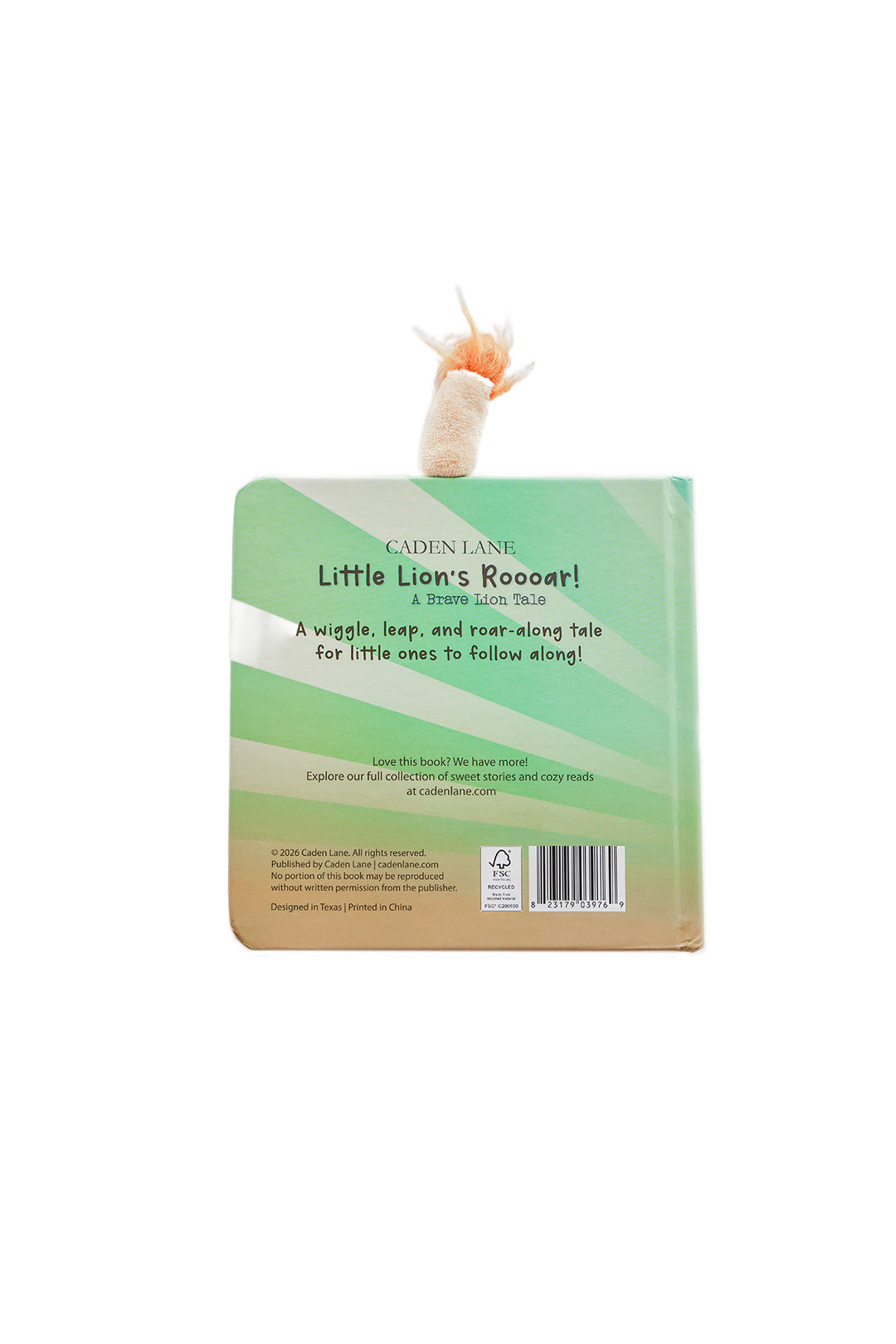 Little Lion's Roooar Cuddle Plush Friends Story Book back cover on white background showing book description with 3D plush lion tail