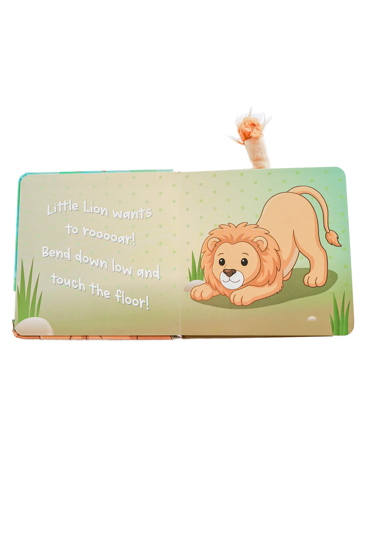 Little Lion's Roooar Cuddle Plush Friends Story Book open pages showing lion character bending down with text about roaring