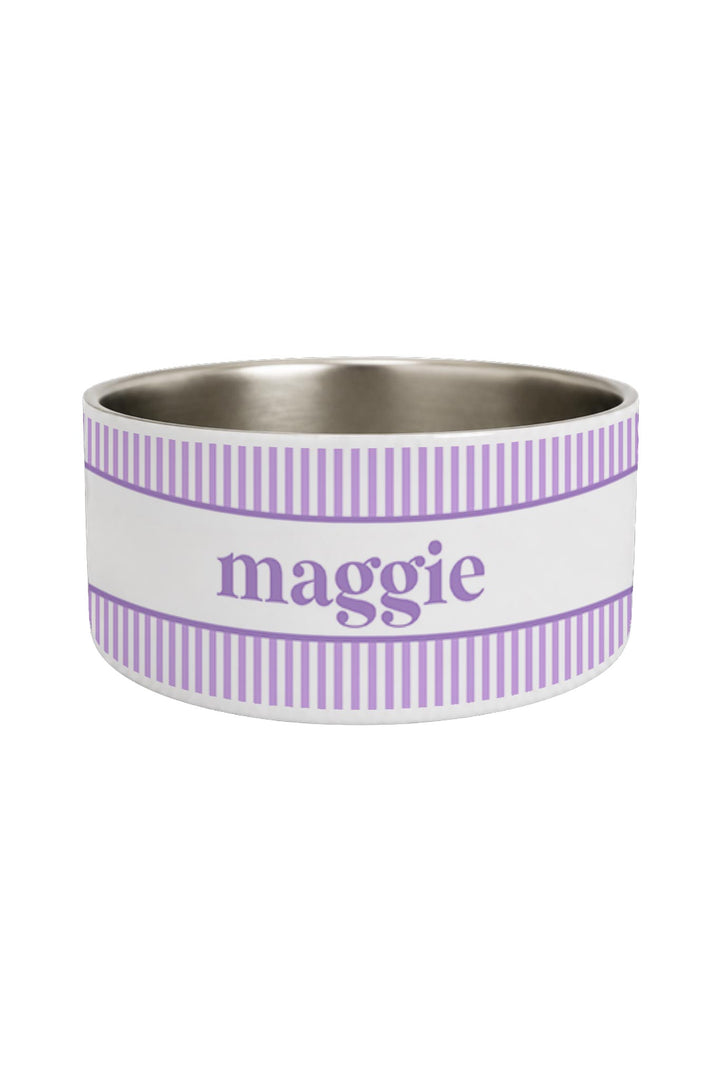 Personalized stainless steel pet bowl with lavender and white striped bands and the name maggie in purple script on a white center band