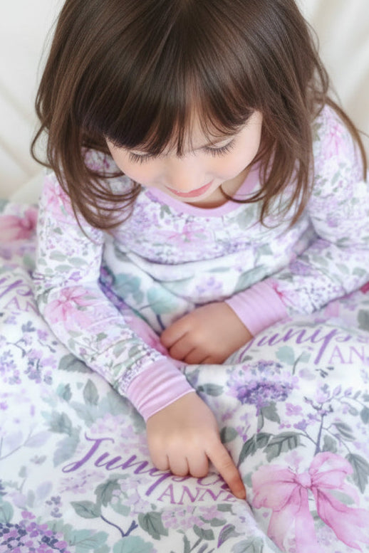 girl point at name on lavender lullaby personalized blanket wearing matching pajamas 