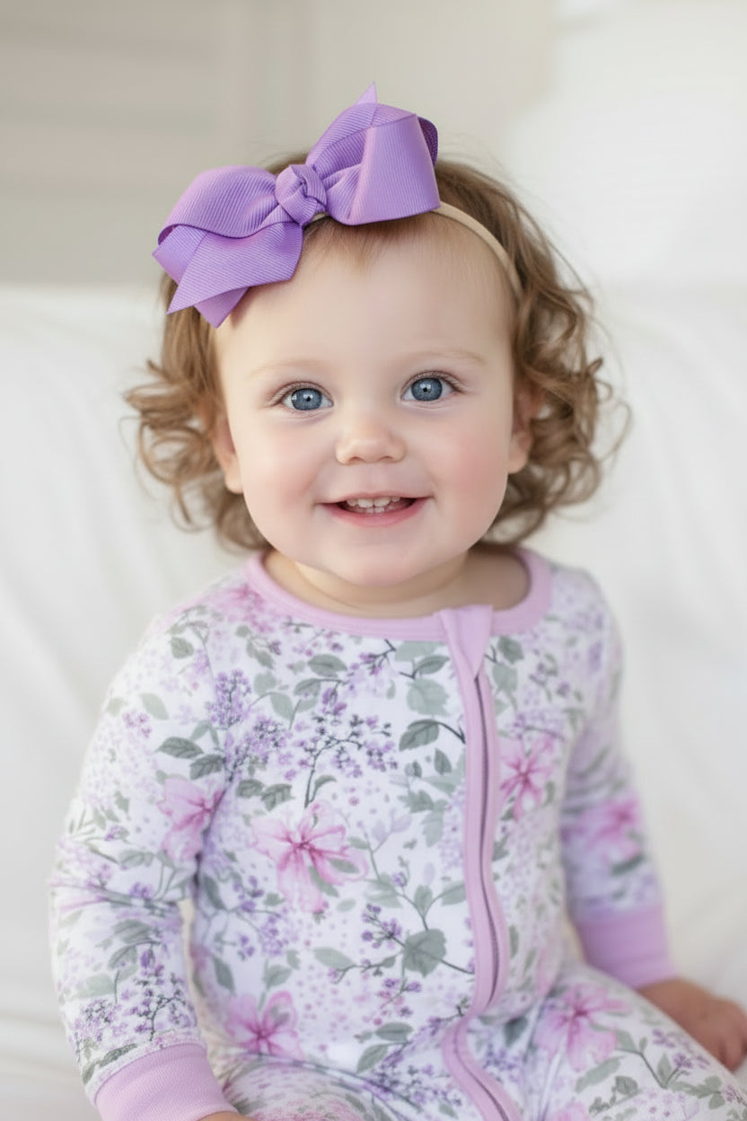 smiling baby girl wearing bright purple ribbon bow headband and lavender lullaby romper