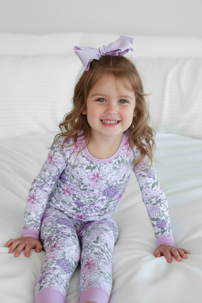 closeup of lavender lullaby two piece pajama set 
