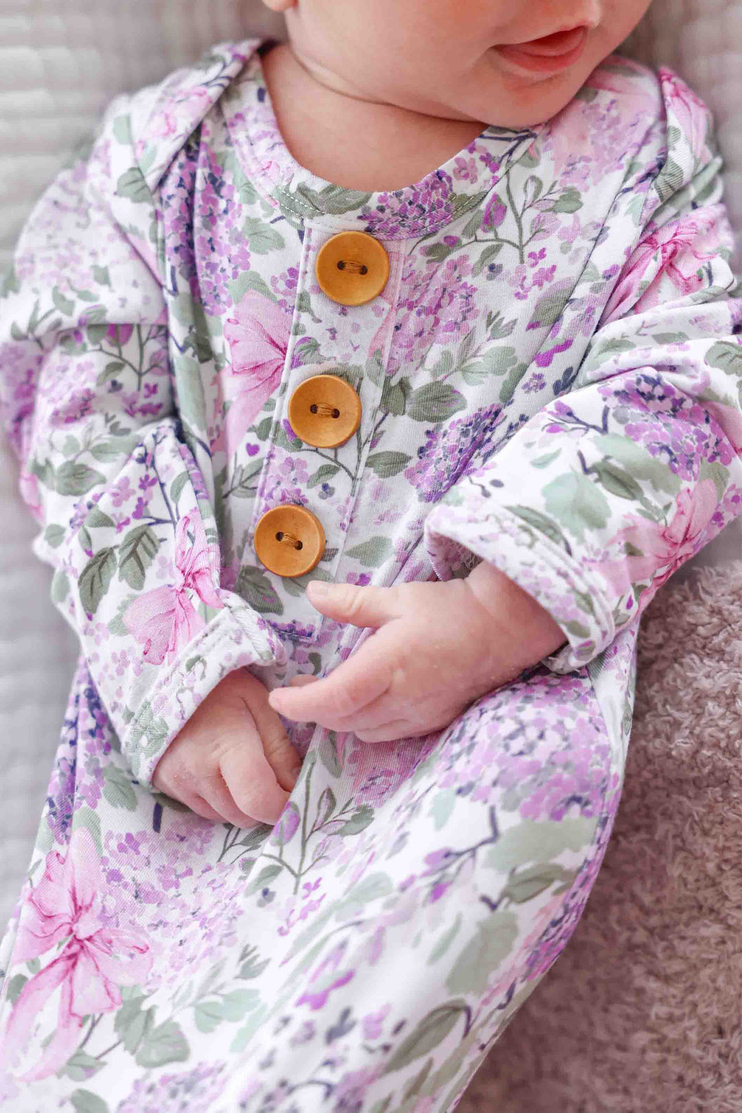 closeup of lavender lullaby knot gown 