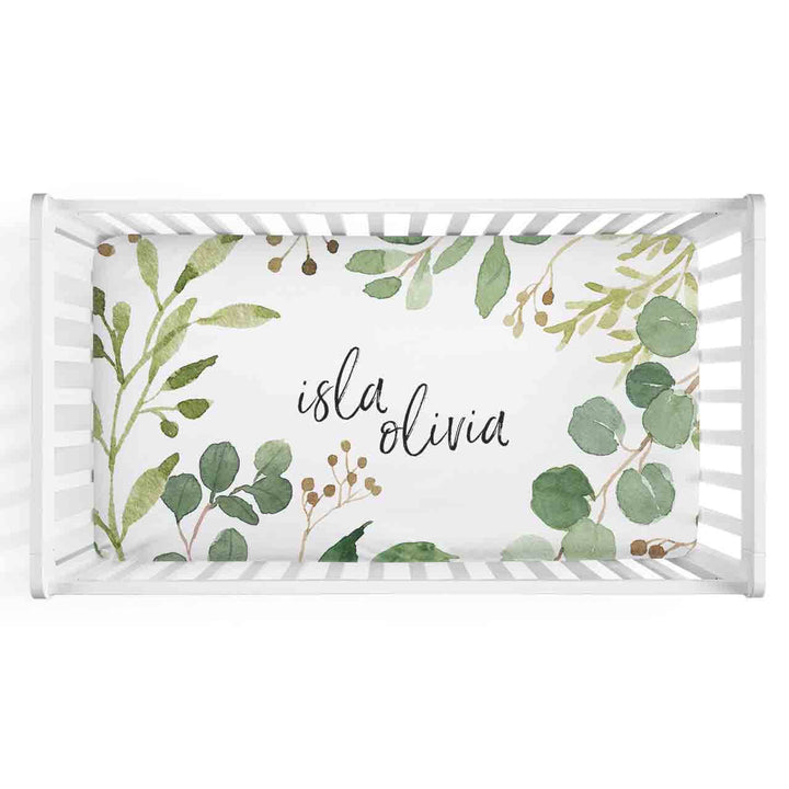 leafy greenery personalized crib sheet 