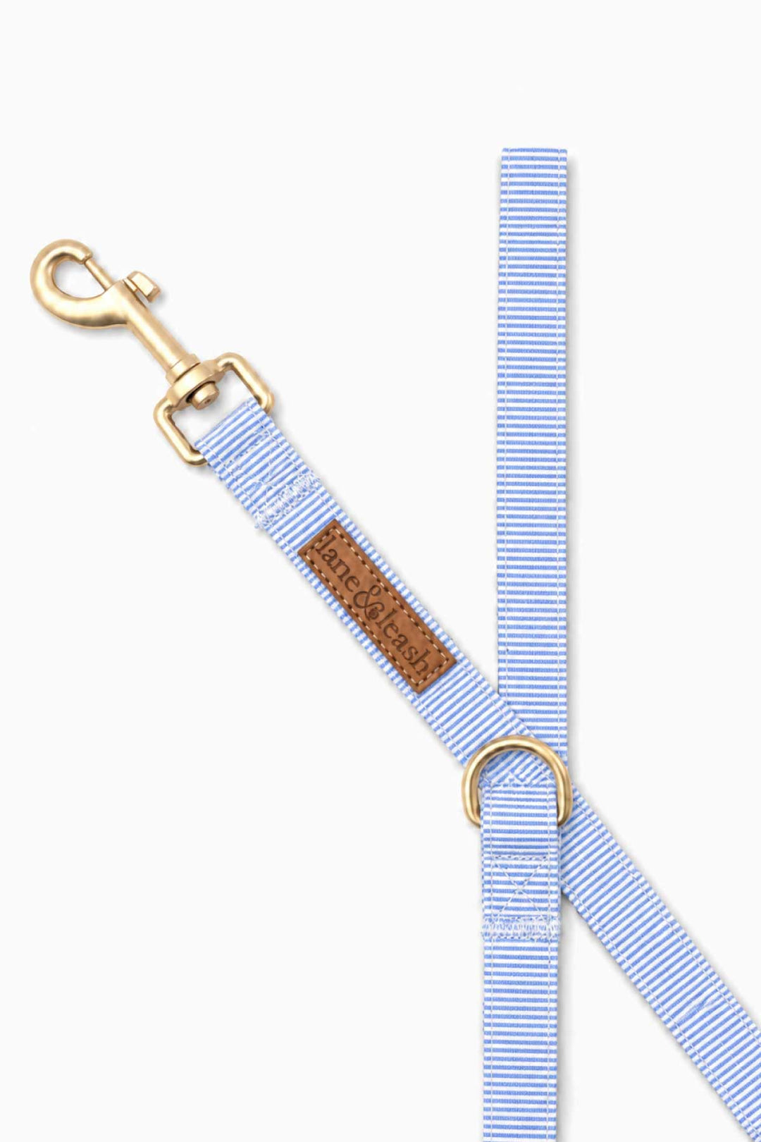 Morning Mist light blue and white pinstripe heavy-duty dog leash coiled with gold swivel hook clasp and D-ring accessory attachment, white background product photo