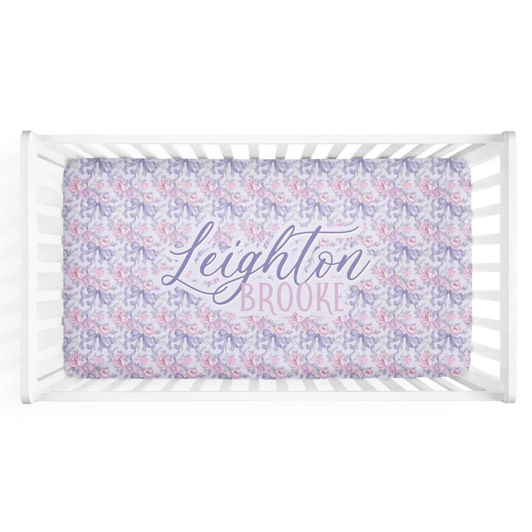 pink rose and purple bow personalized crib sheet