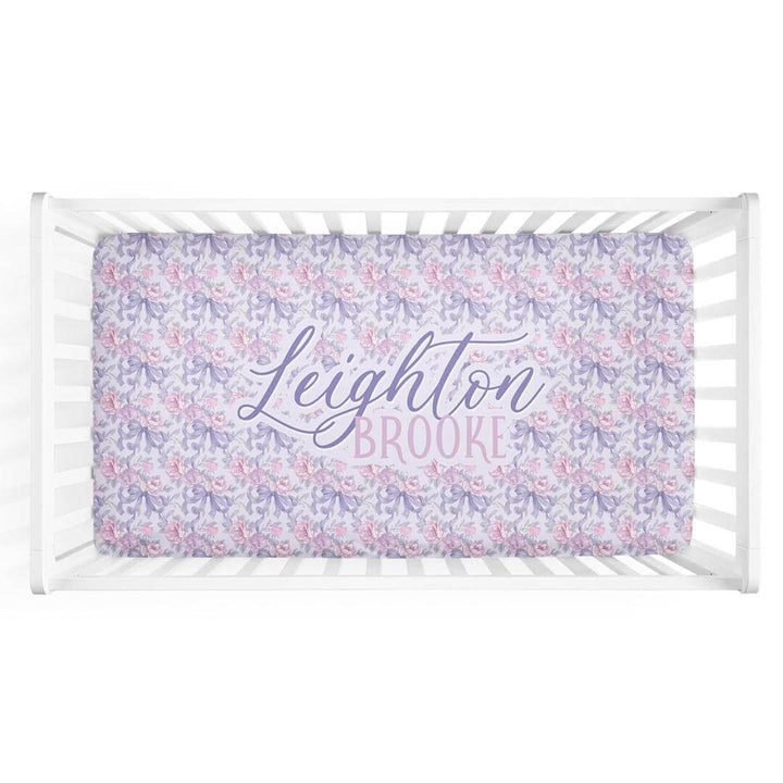 pink rose and purple bow personalized crib sheet