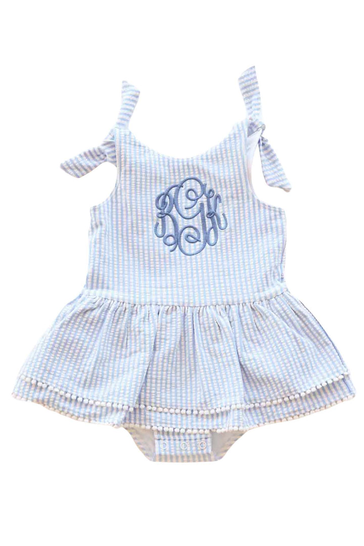 blue seersucker tiered skirt one piece swimsuit with blue embroidered monogram