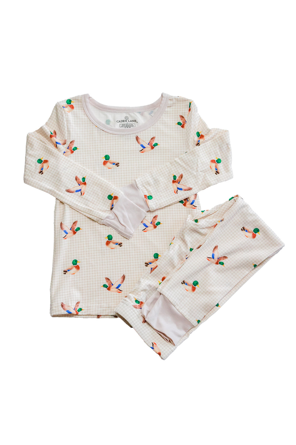 Flat lay of little mallard duck print two-piece bamboo pajama set showing long-sleeve top and pants together