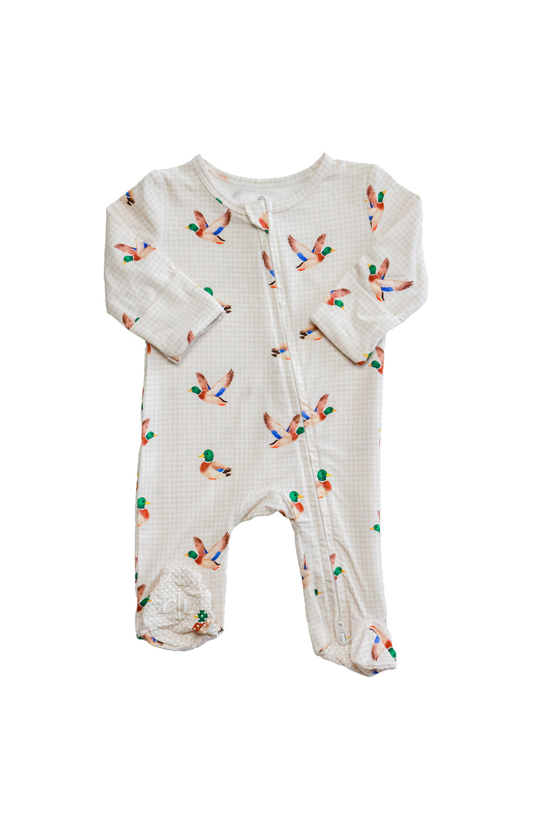 Flat lay product shot of little mallard duck print bamboo zipper footie showing full garment with duck print and zip detail