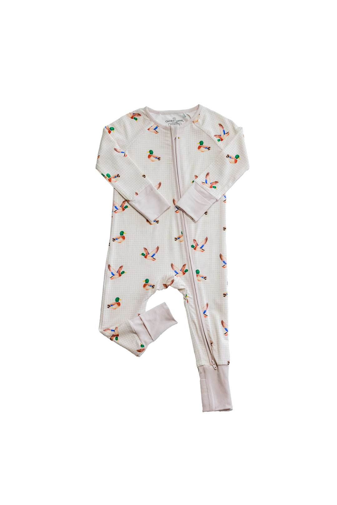 Flat lay product shot of little mallard duck print convertible zip romper showing full garment with double zipper and duck print