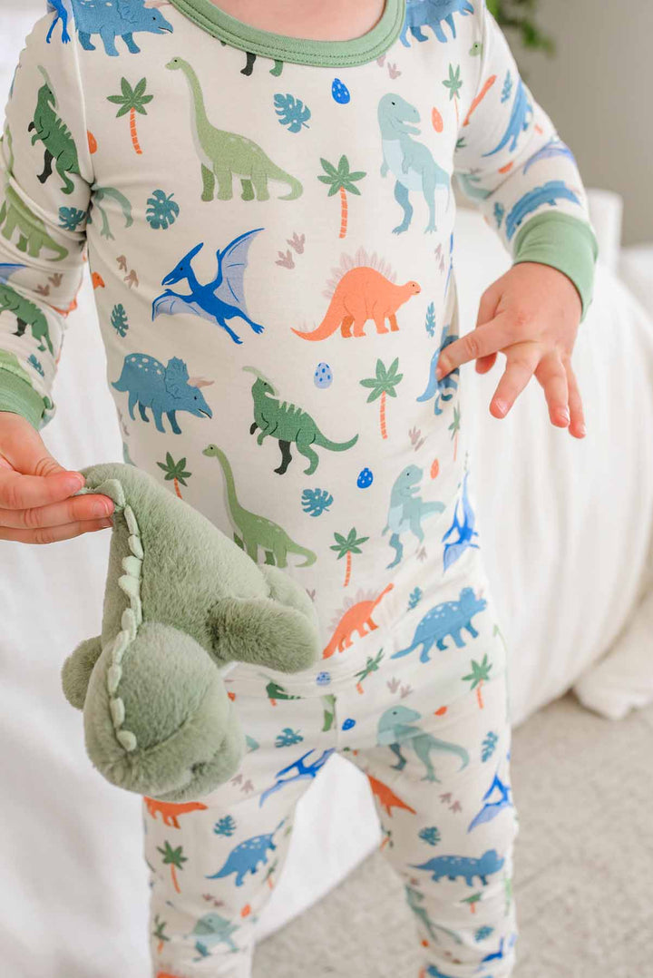 blue, green and orange dino pajamas for boys