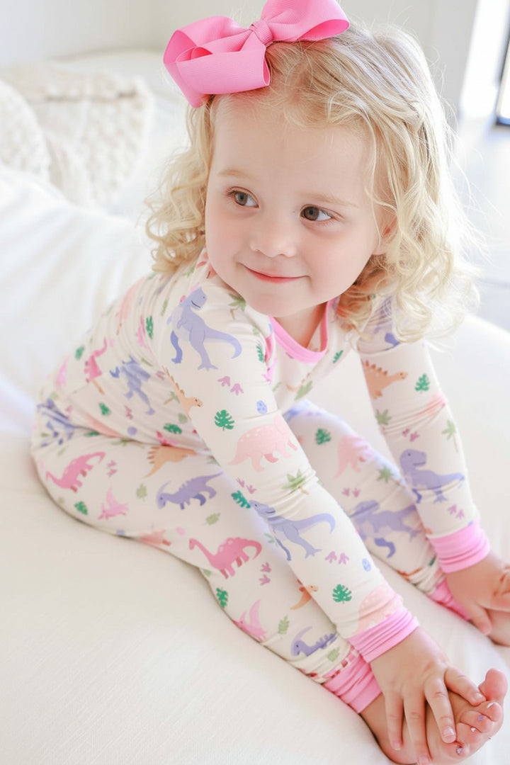 pastel pink and purple dinosaur bamboo pajama set for girls 