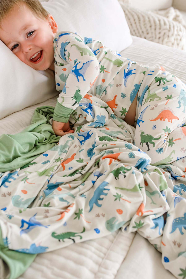little fossil neutral bamboo blanket and pajama set for boys 