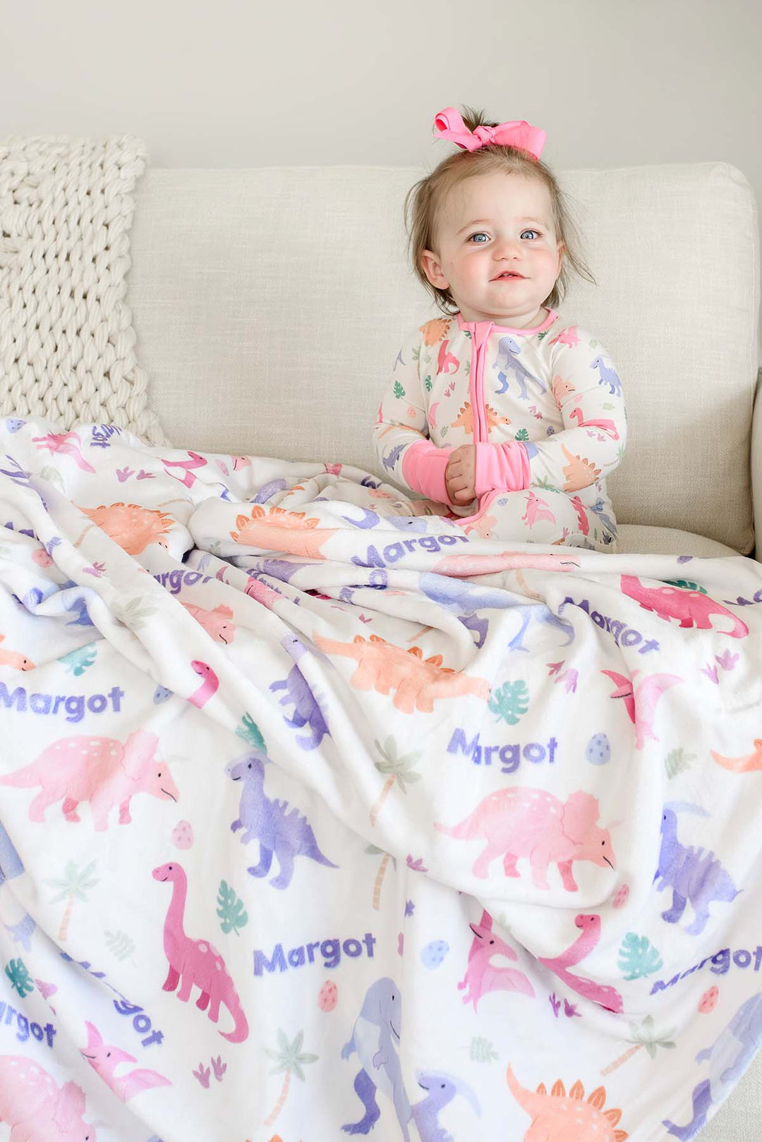 pink dinosaur personalized blanket for kids 