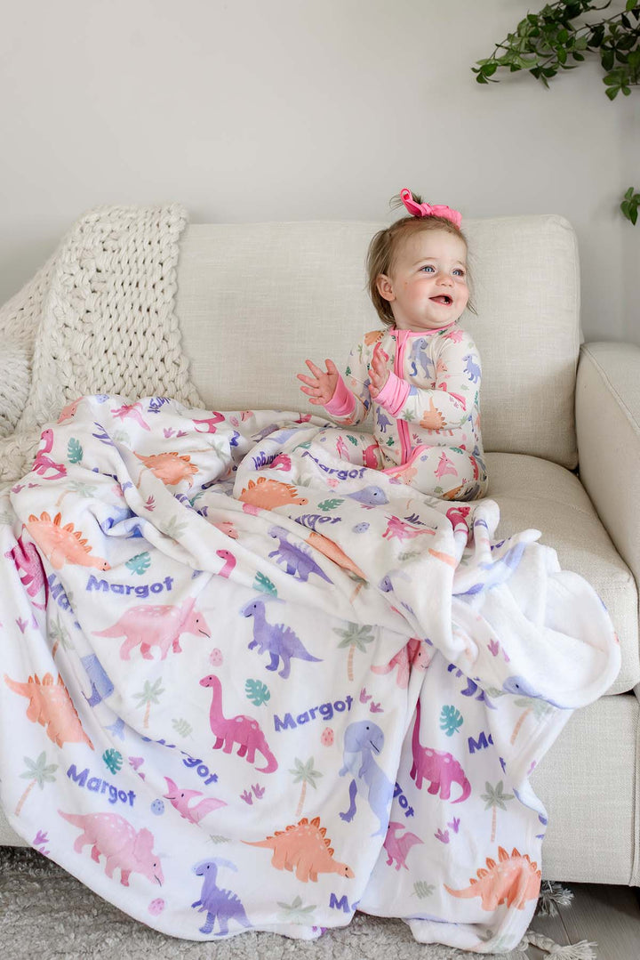 pink and purple dinosaur personalized minky blanket for girls 