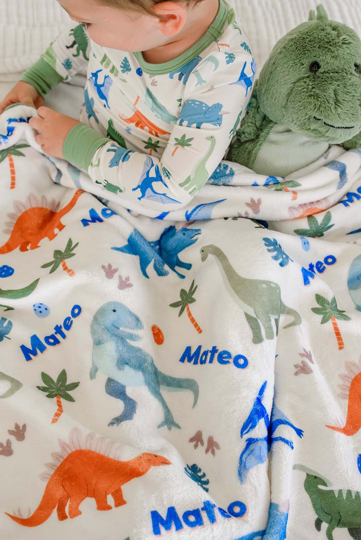little fossil personalized blanket for boys with dinosaurs